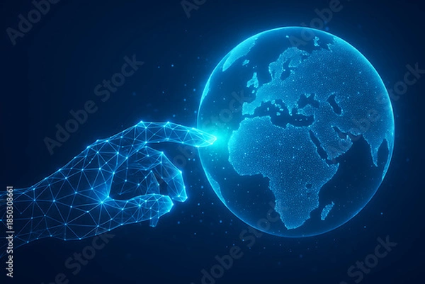 Obraz Glowing blue hand interacts with digital earth map
