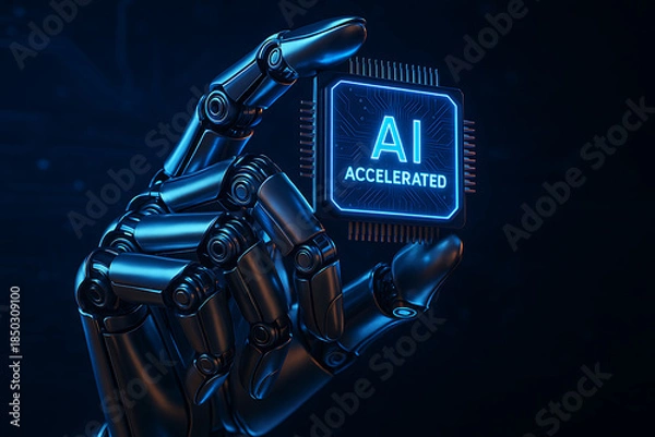 Obraz Robotic hand holding AI accelerated microchip