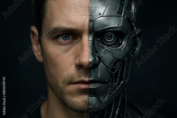 Obraz Man and robot face side by side in dark background