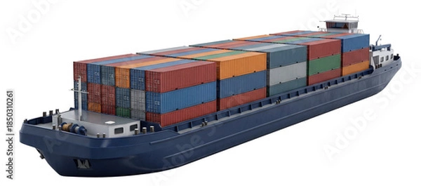 Fototapeta Flat-deck cargo barge with spacious rectangular containers.