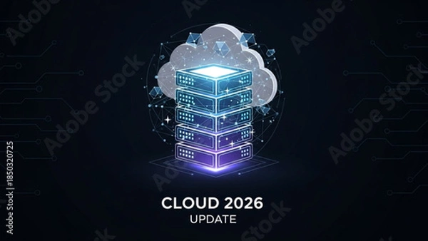Obraz AIzaSyBIoNEMxfjvG6ihdwKfAeHDb5xZGyZi2eU Cloud computing server stack with digital data and network connections representing future technology and data st