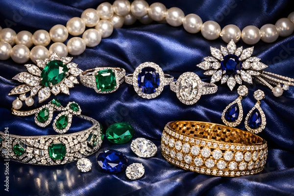 Obraz Luxury Jewelry Collection with Diamonds, Emeralds, and Sapphires on Blue Silk