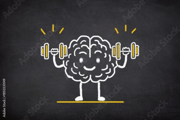 Fototapeta Brain exercise. Human brain lifting weights. Cognitive development concept.