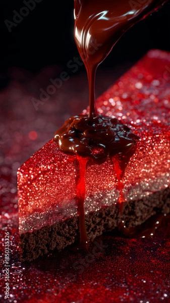 Obraz Delightful red glittery cheesecake slice with tempting chocolate drizzle