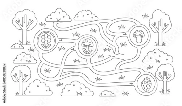 Fototapeta a whimsical black and white illustration depicts a winding path through a forest landscape featuring trees clouds mushrooms and berries creating a playful maze