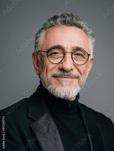 Obraz portrait of a mature businessman wearing glasses on grey background happy senior latin man looking at camera isolated over grey wall with copy space close up face of happy successful business man no 