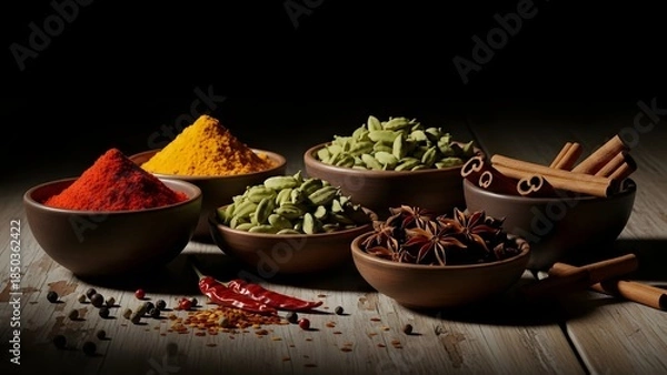 Fototapeta Low key still life of spices in small bowls, rustic table, shadowy atmosphere