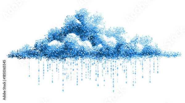 Fototapeta Abstract digital cloud made of data particles with falling binary rain representing cloud computing technology concept isolated on white background