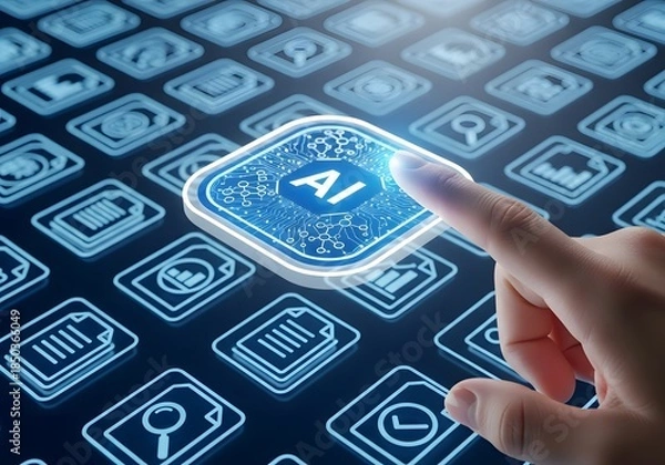 Obraz Initiating generative artificial intelligence, a human finger activates smart algorithms for creating documents and processing data.
