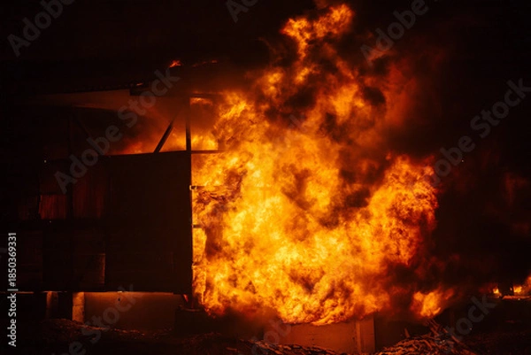 Fototapeta Exploding and burning building. Big blaze at night