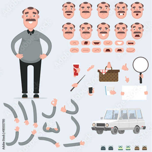 Fototapeta Creating a young guy with a lot of different views, emotions, postures and gestures. Cartoon style, flat vector illustration.