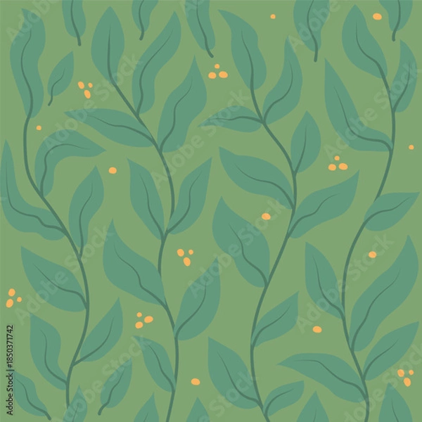 Obraz Seamless Botanical Leaf Pattern in Flat Hand Drawn Style on Green Background