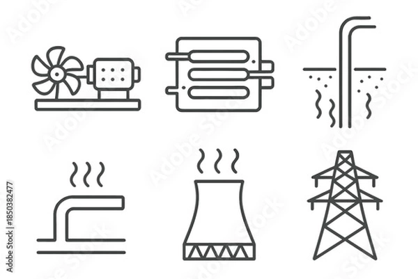 Obraz Geothermal Power Icons. Line style icons of Geothermal Power Plants: turbine generator, heat exchanger, geothermal well, steam