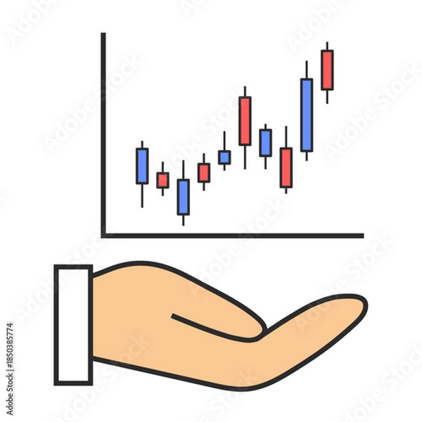Obraz 株価、投資、ローソク足、利益、資産運用、キャピタルゲインの増減、好景気、インフレ、不景気、デフレ、手のひら