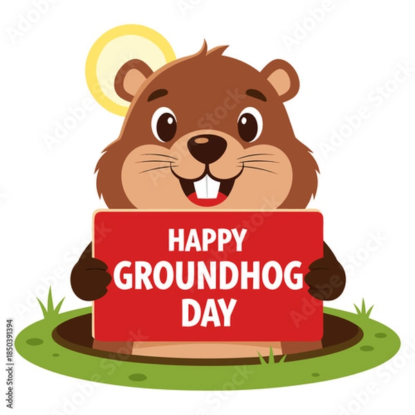 Obraz Groundhog popping out of the ground holding Happy Groundhog Day sign, transparent background, isolated, vector