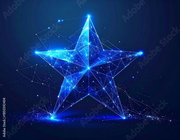 Obraz Luminous star outlined by network lines shines against a deep blue gradient background with sparkling elements