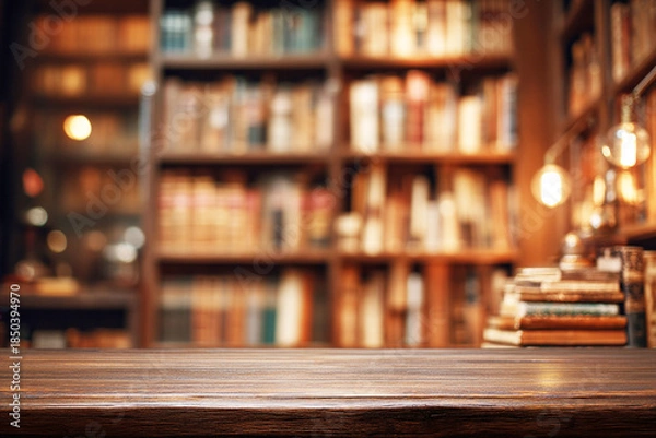Fototapeta 本棚を背景にした木製テーブル

