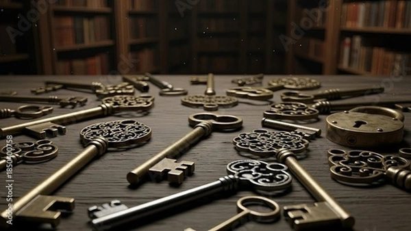 Fototapeta Collection of Antique Skeleton Keys Scattered on a Wooden Table in a Library