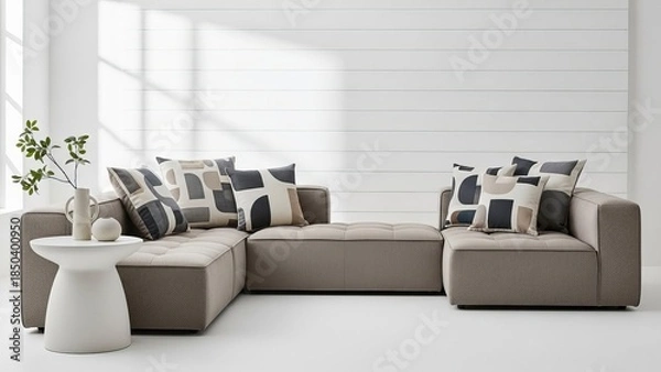 Fototapeta Contemporary Modular Sectional Sofa with Geometric Pillows in a Minimalist Living Space