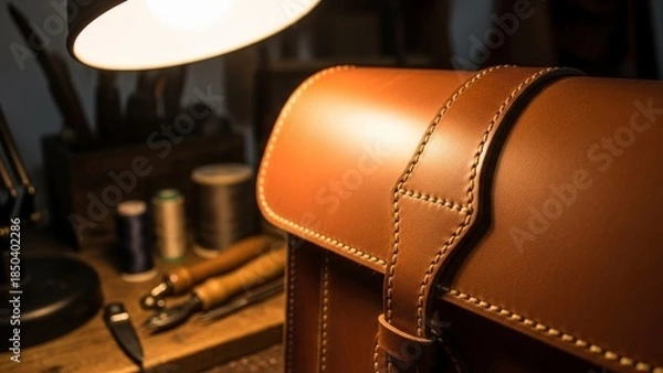 Fototapeta Detailed Close-up of a Handcrafted Leather Satchel in a Dimly Lit Workshop