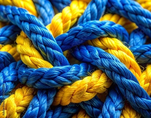 Obraz Intertwined blue and yellow ropes, creating complex patterns