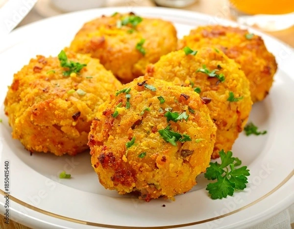 Fototapeta Plate of golden-brown veggie patties garnished with herbs