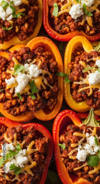 Fototapeta Colorful stuffed bell peppers with ground meat, cheese, and cilantro. Top-down view of a delicious homemade Mexican meal.