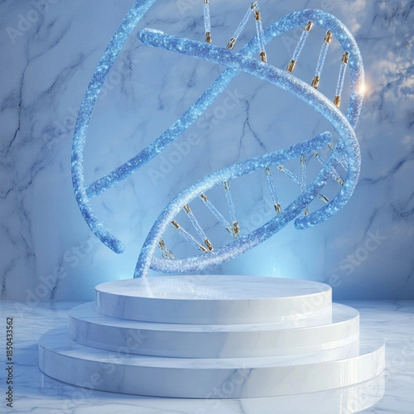Obraz 輝くDNA構造体と白い大理石のポディウム。最先端のバイオテクノロジーや医療製品向け3D背景。