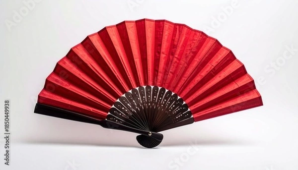 Obraz Red Handheld Folding Fan with Black Handle Isolated