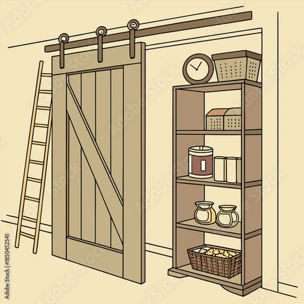 Obraz Rustic Barn Door and Storage Shelving Unit.