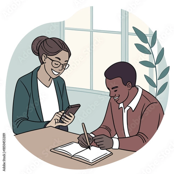 Obraz Two people collaborating at a table, one using a phone.