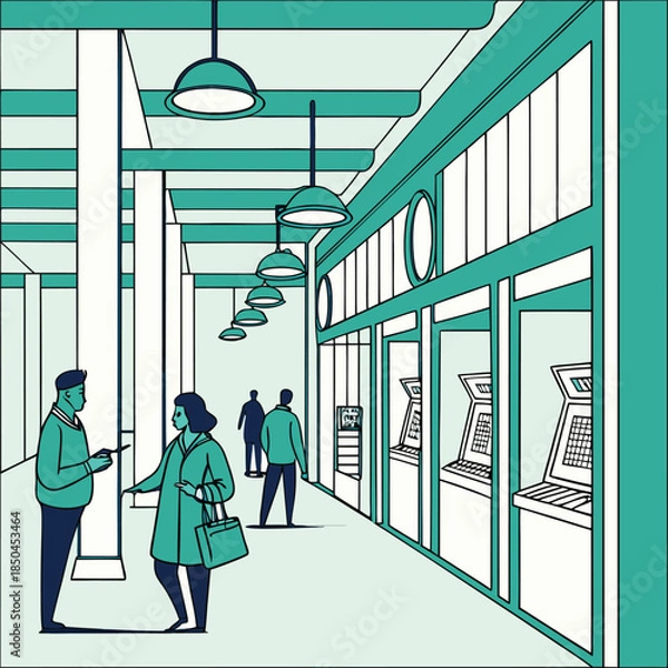 Fototapeta Two people interacting in a modern retail environment.