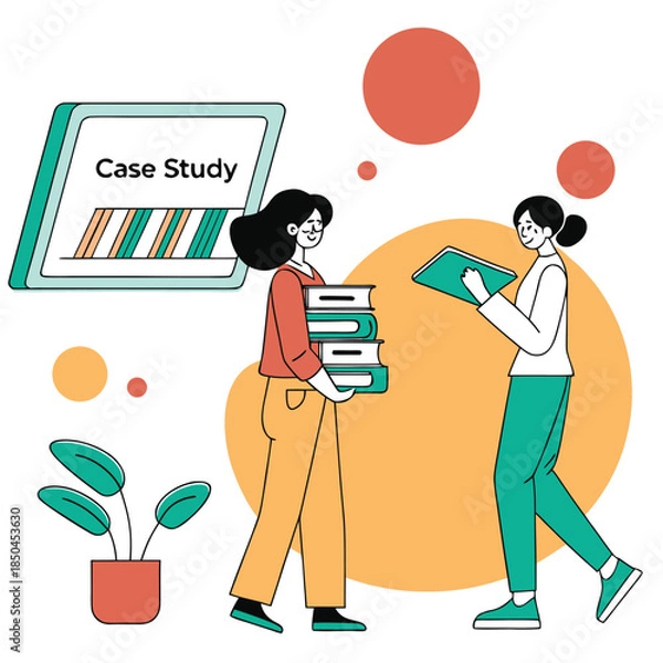 Obraz Two women collaborating on a case study with books and tablet.