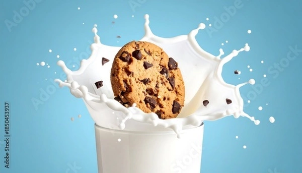 Fototapeta A chocolate chip cookie is being dropped into a glass of milk. The splash creates a dynamic, photorealistic image