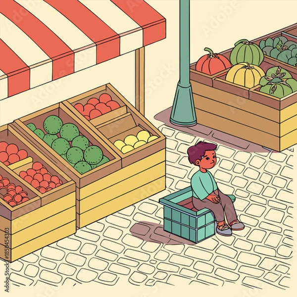 Obraz Young boy sitting alone at a fruit stand.