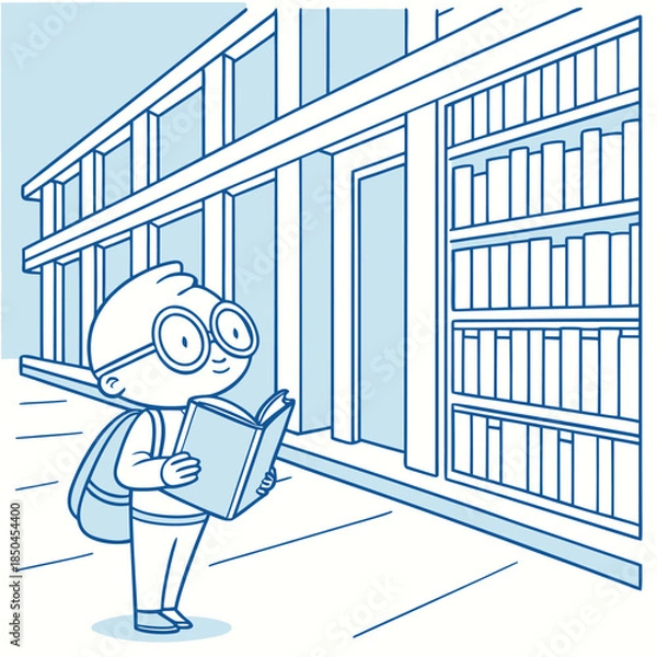 Obraz Young boy with glasses reading a book outside.