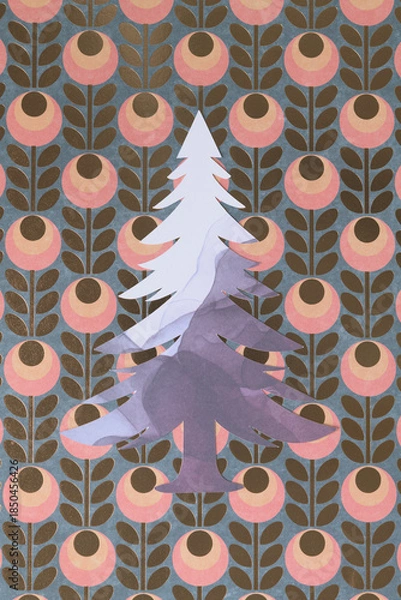 Obraz stylized holiday tree machine-cut from marbled paper on a bold geometric pattern background