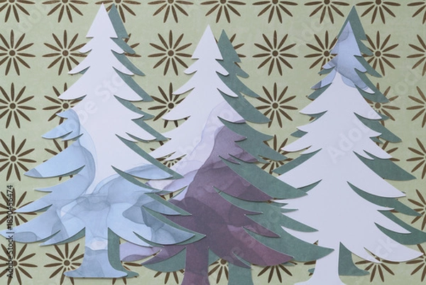 Obraz stylized paper trees machine-cut from marbled paper and arranged in layered form on scrapbooking paper with floral decor