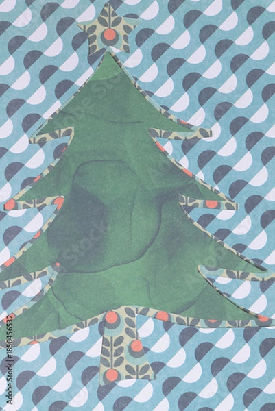 Obraz abstracted stylized holiday tree machine-cut from various papers with pattern on a bold contemporary background