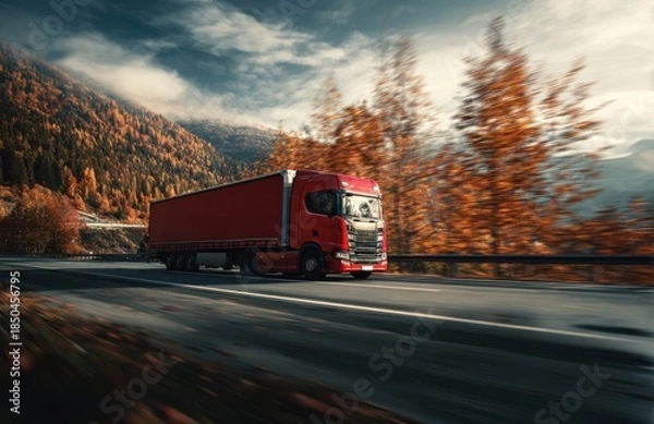 Obraz Red Truck Journey on European Motorway in Autumn