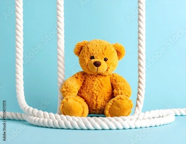 Obraz A cute, golden-brown teddy bear is nestled within a white rope swing against a vibrant, light-blue background