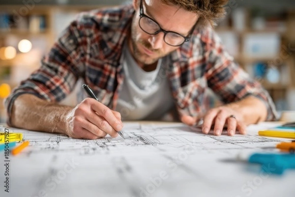 Obraz Young Engineer Analyzing Blueprints at Workspace Desk