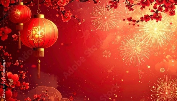 Obraz Chinese New Year Lanterns Fireworks Red Background