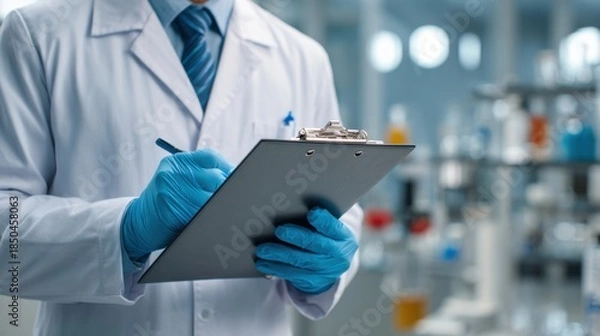 Obraz Scientist Analyzing Data with Clipboard in Laboratory Setting
