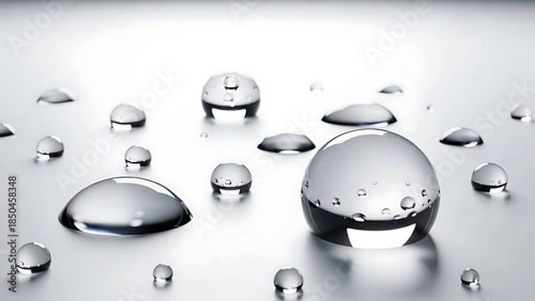 Fototapeta Clear Water Droplets on a Reflective Surface liquid