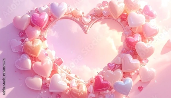 Fototapeta A heart-shaped frame, filled with many pink and white hearts, lies in front of a soft pink, cloudy background. A romantic and gentle vibe is given