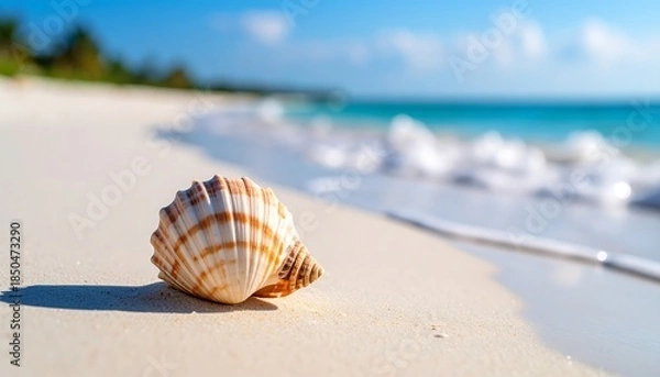 Fototapeta A seashell rests on soft, white sand at a beach, with turquoise water and gentle waves in the blurred background