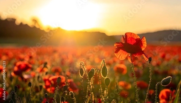 Fototapeta A vibrant field of red poppies bathed in the golden light of a setting sun. Silhouetted hills are in the distance