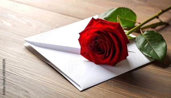 Fototapeta A vibrant red bloom rests on a white envelope, creating a romantic scene. The background is a warm-toned wooden surface