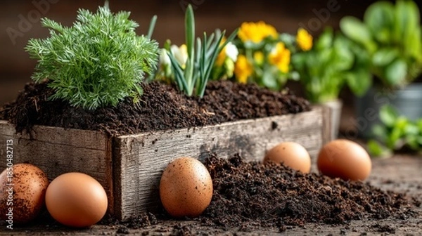 Obraz Overflowing Compost Bin with Biodegradable Waste and Vegetation